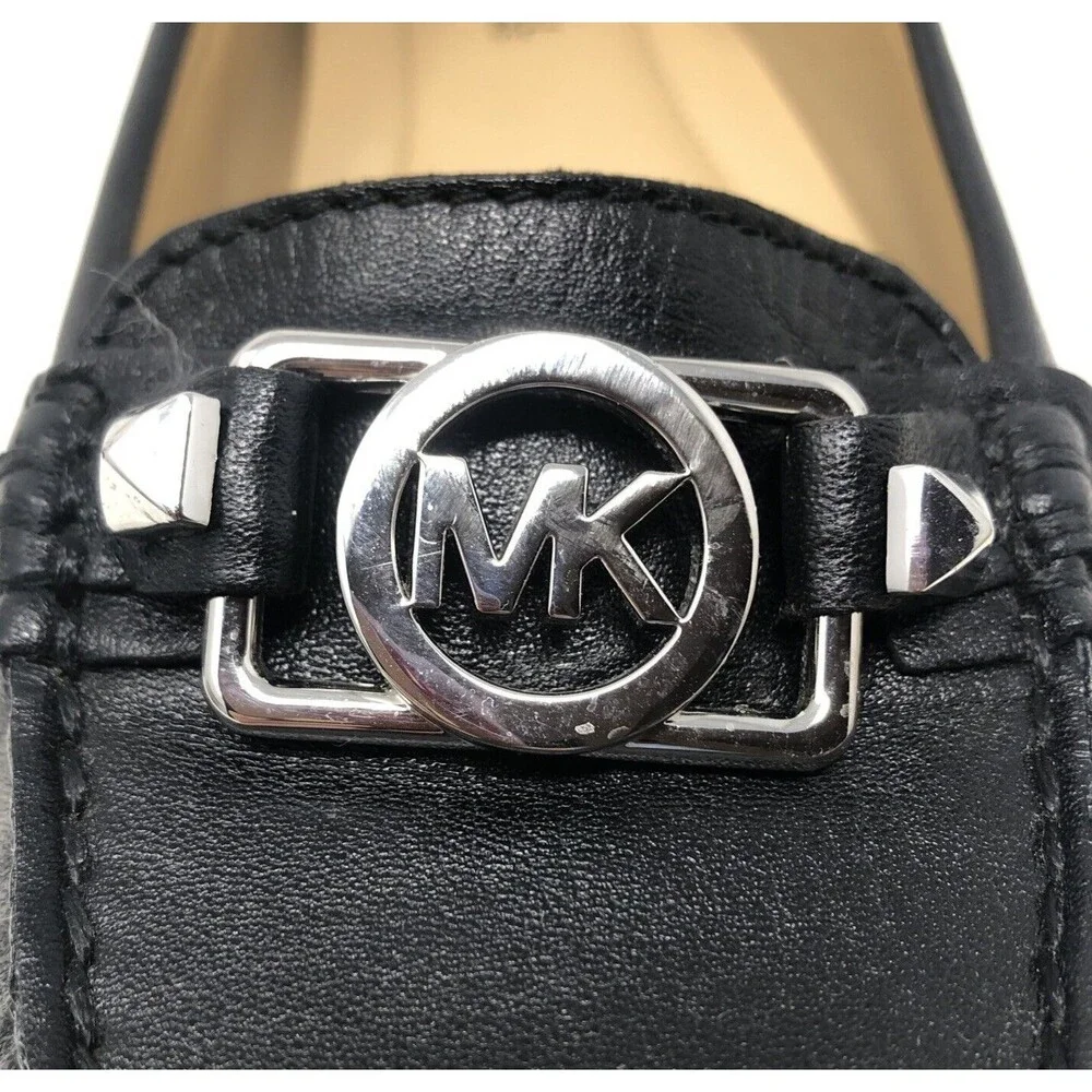 Michael Kors Lillian Loafer Womens Size 6 Black Leather Signature Silver MK Moc
